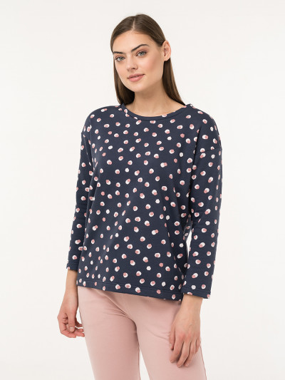 Свитшот свободного кроя с боковыми разразами цвета темно-синий в горошек